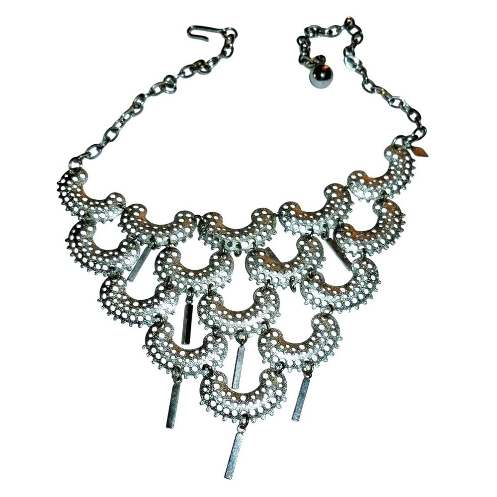 Vintage Sarah Coventry Silver Tone Bib Necklace Tiered Crescent Bar Statement
